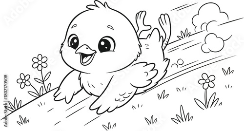 Cute baby chick sliding down a hill in springtime – fun and happy coloring page for kids
