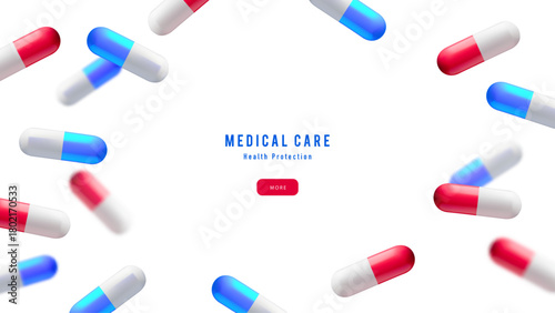 Background with realistic 3d capsules. Medical, pharmacy, healthcare, hospital, clinic, telemedicine, insurance, biotechnology concept. Vector illustration.