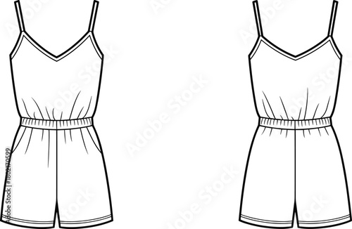 Sleeveless romper technical sketch, front view, spaghetti straps, V-neckline, elastic waistband, casual summer style, fashion flat, garment construction, vector illustration