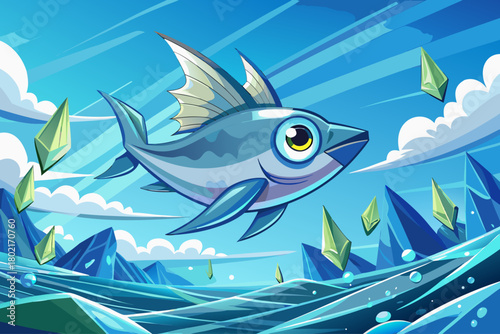 Small silver flying fish glides above crystal clear water, sunlight hitting its wings as multiple fish burst from waves