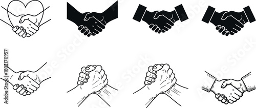 Collection of handshake illustrations showing different styles of agreement and partnership symbols