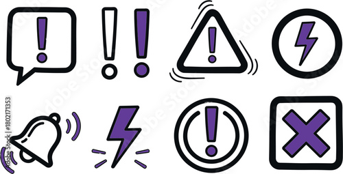 Collection of hand drawn warning and alert icons including exclamation marks bell lightning bolt and cross symbol