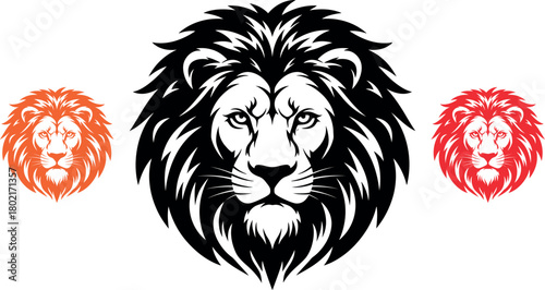 Majestic lion head illustration with smaller orange and red lion portraits on white background