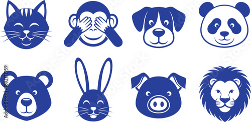 Collection of eight stylized animal faces in blue on a white background