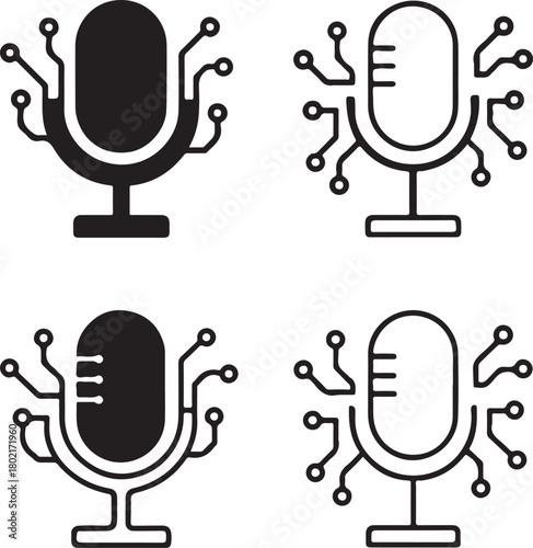 Isolated Microphone Circuit Icons black vector set, microphone, audio, voice, digital mic, minimal circuit, thin stroke, tech mic, smart chip, vector isolated for buyers
