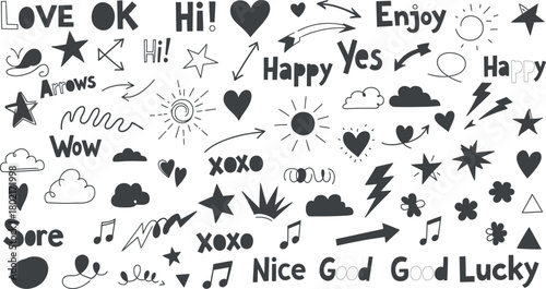 Collection of hand drawn doodle elements including words hearts stars and arrows on white background