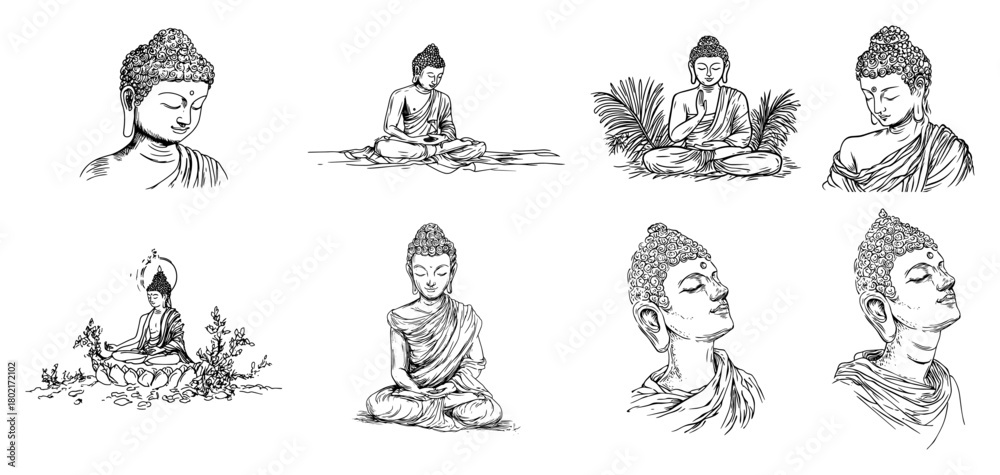 Obraz premium Buddha Portraits And Meditation Sketch Icons Set Hand Drawn Monochrome Vector
