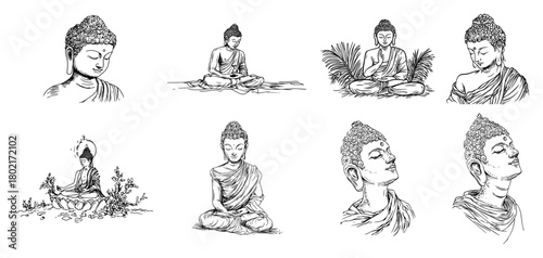 Buddha Portraits And Meditation Sketch Icons Set Hand Drawn Monochrome Vector