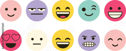 Collection of ten colorful oval cartoon faces with different expressive emotions and smiles on a white background