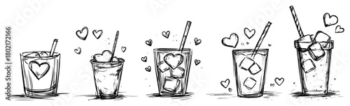 Hand drawn iced drinks with hearts set Doodle sketch of summer cocktails iced coffee or lemonade for romantic cafe menu Vector illustration
