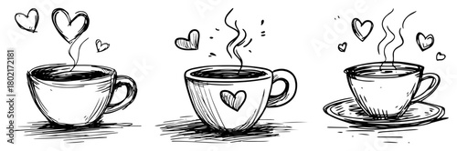 Hand drawn coffee cups with hearts set Doodle sketch of hot drinks like tea or cappuccino for cafe menu Vector illustration