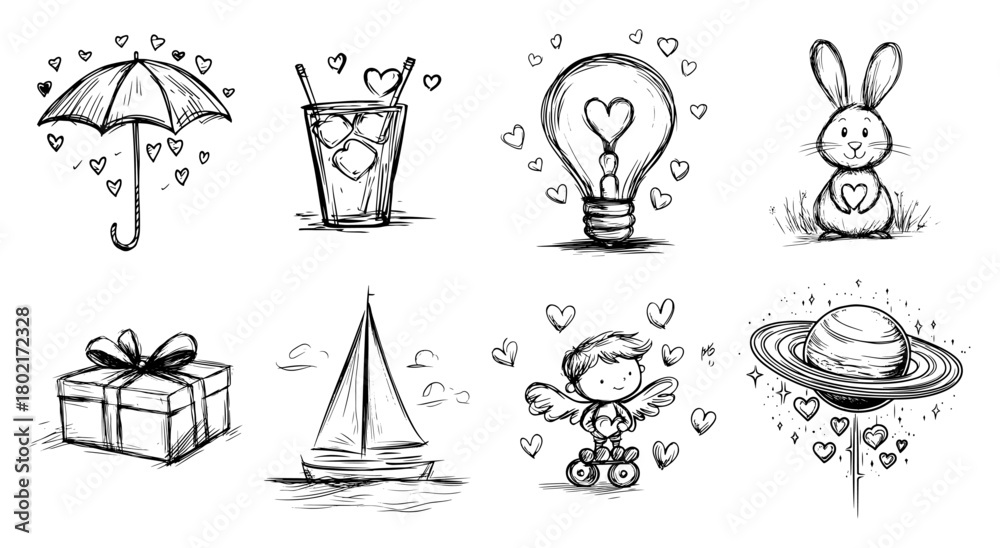 Naklejka premium Love and Valentine Day doodle icon set Hand drawn vector sketch collection of cute romantic symbols