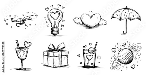 Love Doodle Icons Set Hand Drawn Hearts Gift Cocktail Umbrella Planet Sketch Vector
