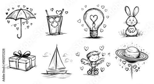 Love and Valentine Day doodle icon set Hand drawn vector sketch collection of cute romantic symbols