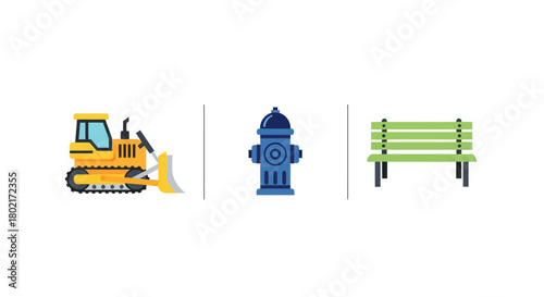 Construction vehicle, fire hydrant, and park bench icons in flat design