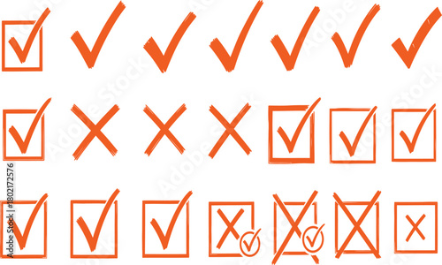 Orange checkmarks and crosses in boxes on white background symbolizing choices and decisions