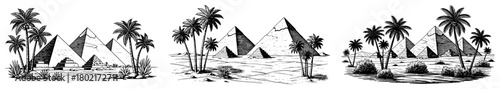 Egyptian desert landscape seamless border Hand drawn vector sketch of pyramids and palm trees