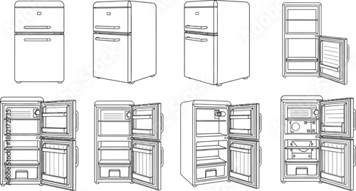 Illustrations of vintage refrigerators in various views and open configurations