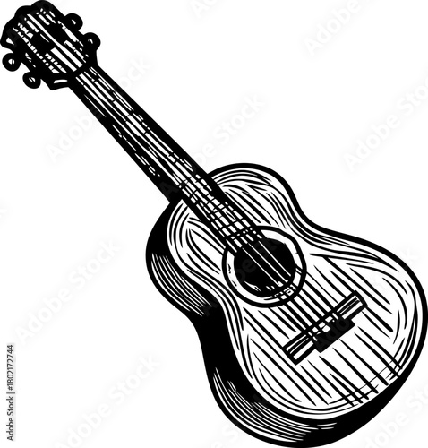 Acoustic guitar sketch in black and white vintage musical instrument illustration with detailed wood texture and strings