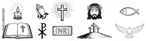 Christian religious symbols vector sketch set Hand drawn collection of faith icons with Jesus cross and bible