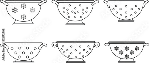 Simple line drawing of six metal colanders with varying hole patterns