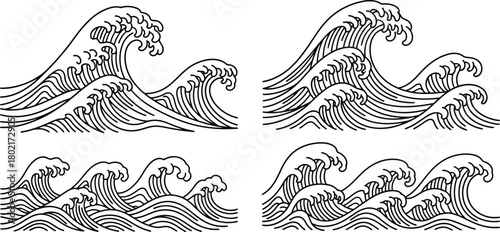 Stylized black and white illustration of repeating ocean waves in a grid