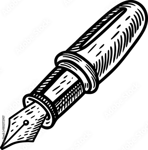 Classic fountain pen illustration vintage ink writing tool, engraved wooden handle, traditional craftsmanship, drawing detail