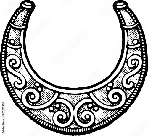 Ancient ornamental torque necklace illustration decorative celtic jewelry with intricate swirling patterns, historical artifact