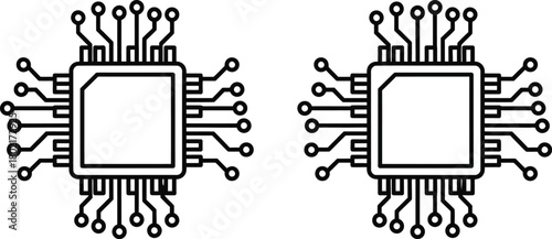 Two black line art depictions of microchips with connecting pins shown