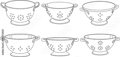 A collection of six black and white line drawing kitchen colanders