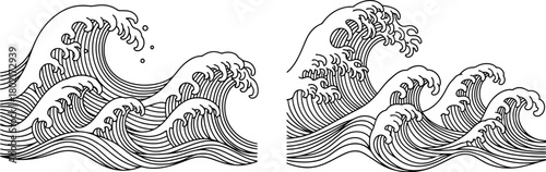 Stylized black and white illustration of powerful ocean waves in motion