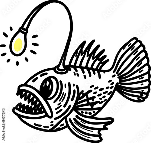 Deep sea anglerfish illustration black and white fish with glowing lure, sharp teeth, underwater marine predator