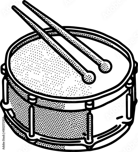 Snare drum illustration with drumsticks percussion instrument, music concept, hand drawn vintage sketch design