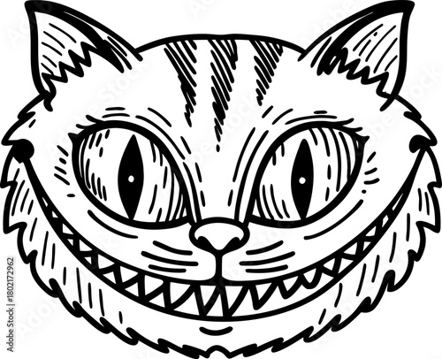Cheshire cat face illustration, wide mysterious smile and big eyes grinning feline, fantasy drawing, whimsical animal art