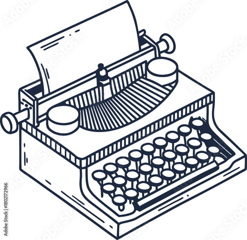 Vintage mechanical typewriter illustration retro writer's device sketch, classic literary office machine drawing