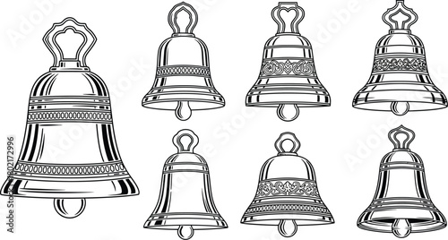 A collection of beautifully detailed antique bells in a monochrome line art style