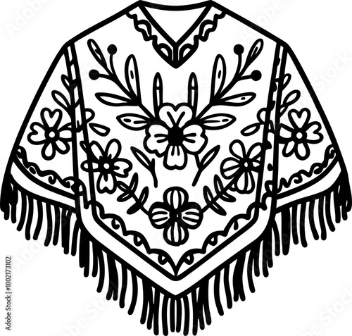 Traditional floral poncho with intricate decorative patterns and fringe ethnic folk garment, hand drawn outline illustration