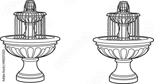 Detailed line art illustration featuring two ornate classical garden fountains