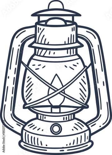 Vintage kerosene lantern illustration hand drawn camping lamp with flame retro portable light, classic outdoor equipment