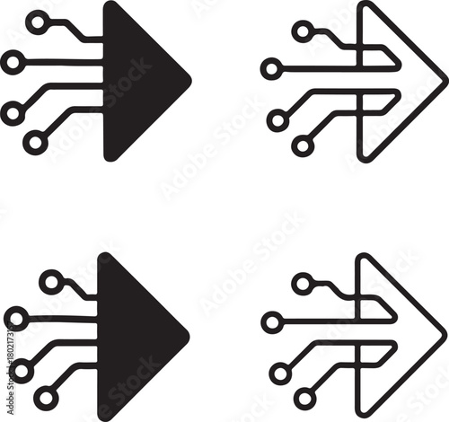 Isolated Navigation Arrow Circuit Icons black vector set, navigation, direction, map, digital arrow, minimal circuit, thin stroke, tech navigation, smart chip, vector isolated for buyers