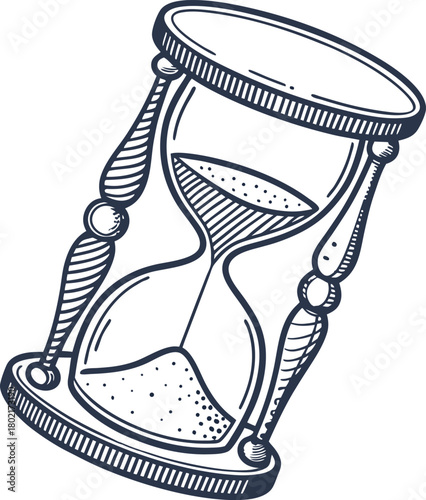 Vintage hourglass drawing classic sand timer illustration, time passing symbol, antique object, countdown concept