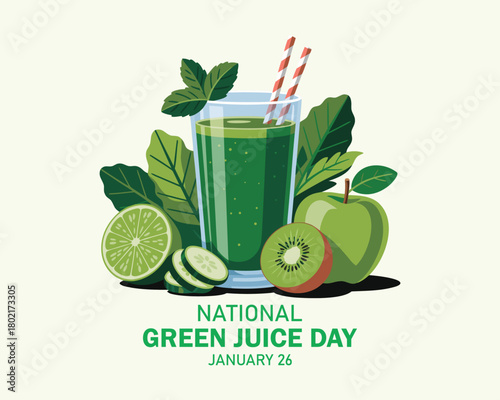National Green Juice Day vector. Healthy green vegetable and fruit juice vector. Glass of green smoothie icon. Green Juice Day Poster, January 26.
