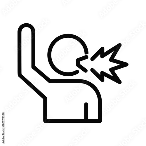 Linear icon of a human figure with an open mouth emitting sound waves, symbolizing public speaking, protest, announcement, or shouting