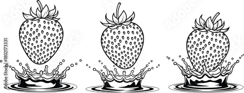 Three fresh strawberries with splashing water drops in a black and white illustration