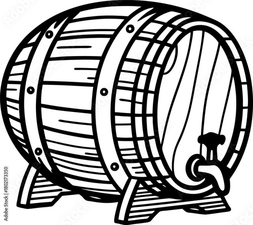 Wooden barrel with spigot, vintage hand drawn illustration retro cask for aging wine, liquor, whiskey, beer storage