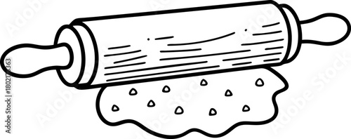 Rolling pin smoothing dough, baking concept handmade pastry preparation, cooking tools, kitchen utensil outline