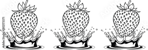 Three strawberries bursting with splashes of water in a black and white illustration
