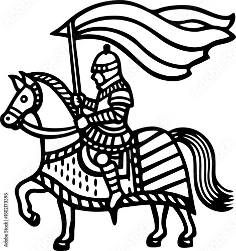 Medieval knight riding armored horse with lance and waving banner historic warrior illustration, black and white line art
