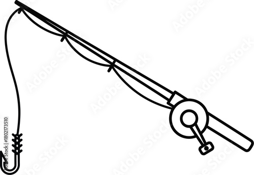 Simple black and white illustration of a fishing rod with a hook