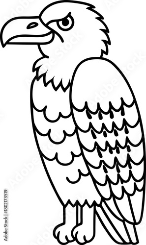 eagle drawing in black and white outline fierce raptor bird character, isolated  illustration